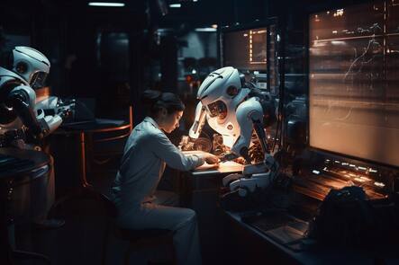 Gemeinsam mit der KI den Arbeitsalltag bestreiten: In vielen Schweizer Unternehmen bereits Realität. Dieses Bild wurde mit Hilfe des KI-Modells Midjourney erstellt und von einem Menschen überprüft.
