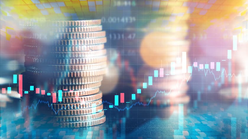 Finance and money technology background concept of business prosperity and asset management . Creative graphic show economy and financial growth by investment in valuable asset to gain wealth profit .
